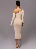 Asymmetric Off Shoulder Ruched Panel Bodycon Midi Dress