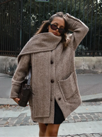 Retro Striped Scarf Collar Wool Blends Jacket Women Chic Pockets Single Breasted Full Sleeve Coat Lady New Elegant Outwear