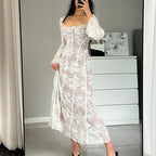 Square Neck Tie Detail Lace Bell Sleeve Paneled Midi Dress