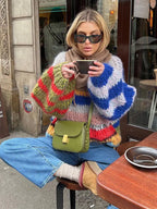 Casual Knitted Colorful Stripes Sweater Women Fashion O Neck Puff Long Sleeves Short Pullover Autumn Lady High Street Jumper