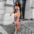 Spaghetti Strap Scoop Neck Abstract Floral Print Side Ruched Bodycon Midi Dress