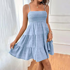 Smocked Square Neck Spaghetti Strap Tiered Ruffle Hem Mini Dress