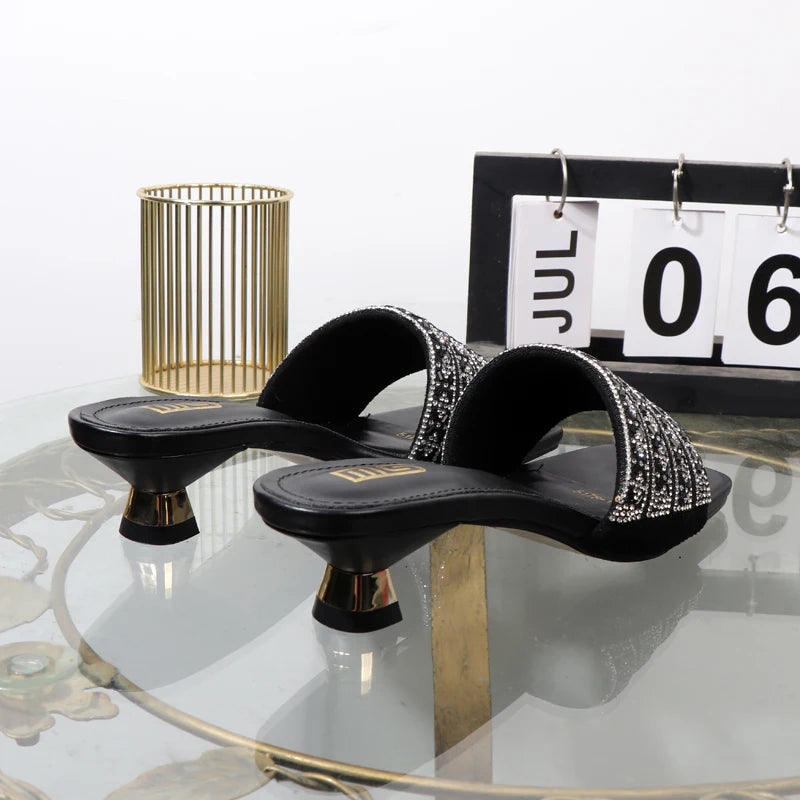 Luxurious Rhinestone Square Toe Black Sandals with 4CM Heel