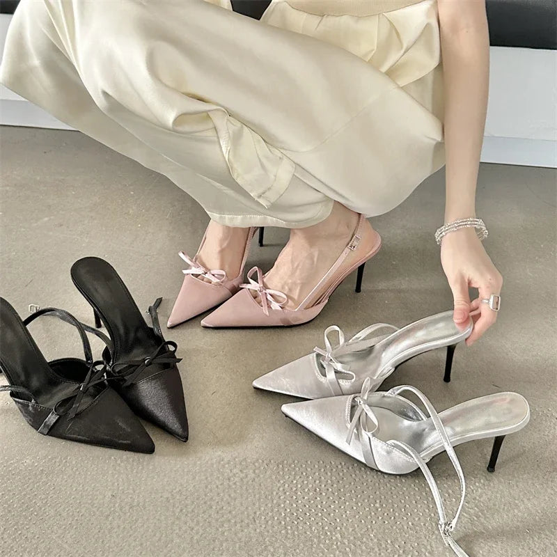 Silk Pointed Toe Women Pumps with Stripper Belt Buckle for Sexy Party with Thin Heels