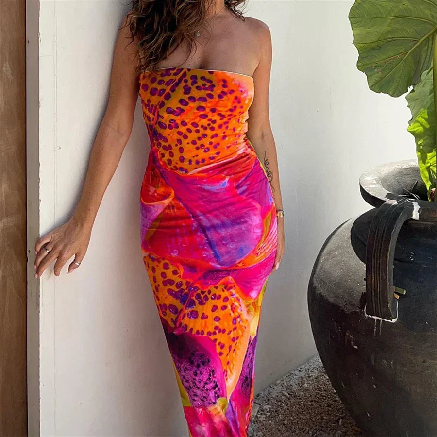 Abstract Tropical Print Strapless Bodycon Midi Dress