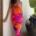 Abstract Tropical Print Strapless Bodycon Midi Dress
