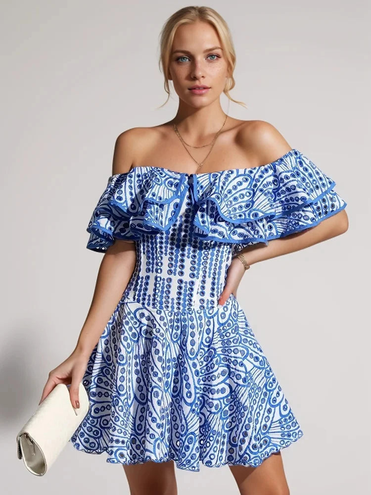 Azure Embroidered Off Shoulder Ruffled Dress