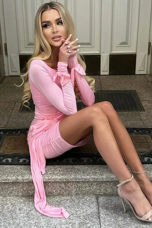 O-Neck Long Sleeve Bodycon Mini Dress with High Waist Patchwork