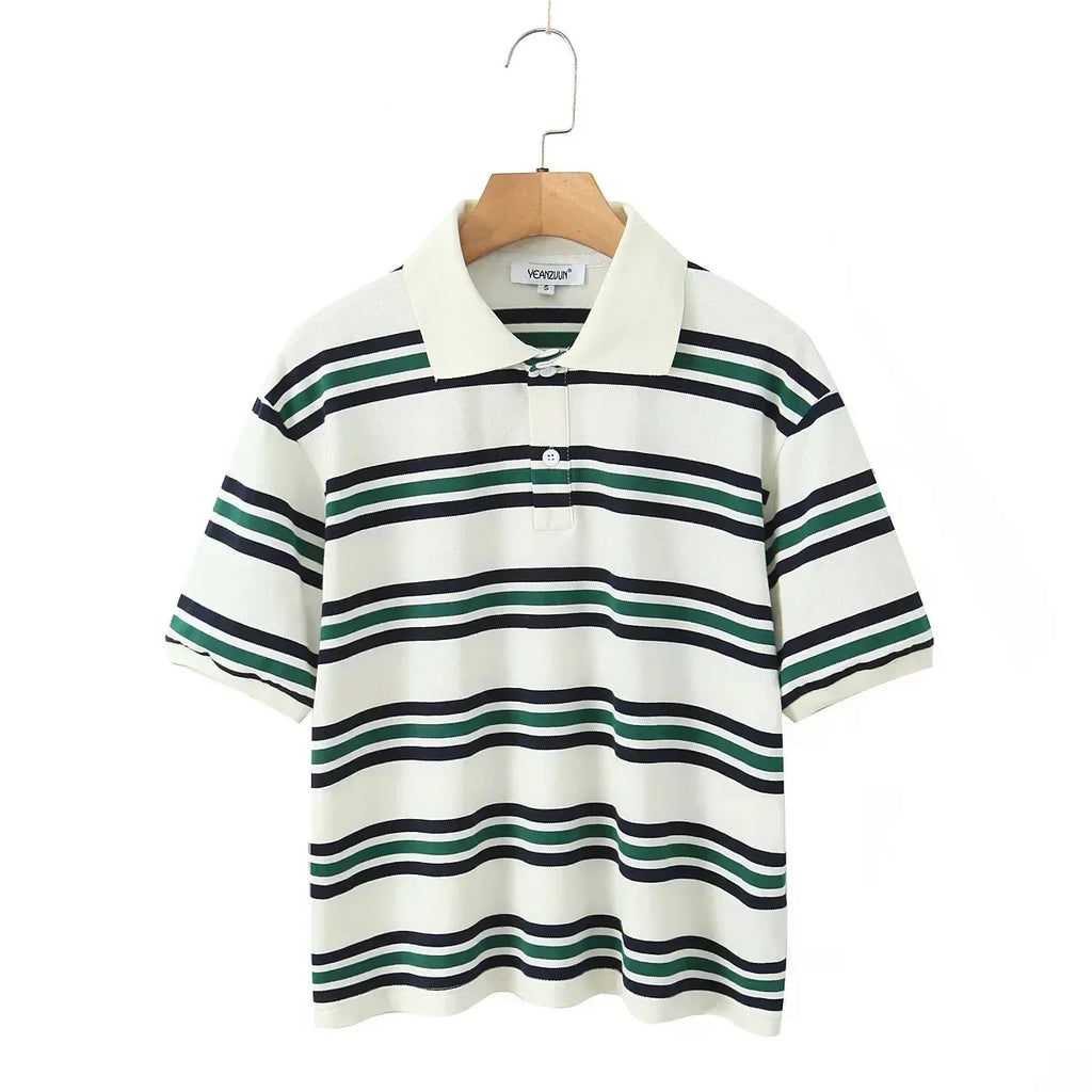 Striped Contrast Short Sleeve T-shirt Women Buttons Turndown Collar Tee Shirt Spring New Streetwear Vintage Chic Top Tees 2025