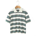 Striped Contrast Short Sleeve T-shirt Women Buttons Turndown Collar Tee Shirt Spring New Streetwear Vintage Chic Top Tees 2025