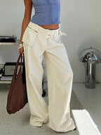 Pocket Adjustable Waist Wide Leg Pant Women Low Rise Waist Baggy Denim Trouser Streetwear Fashion Vintage Jeans Femme Summer New