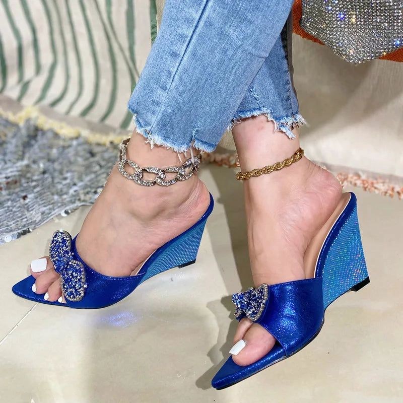 CRYSTAL Butterfly Knot Wedges Heels Slippers Sandals for Women