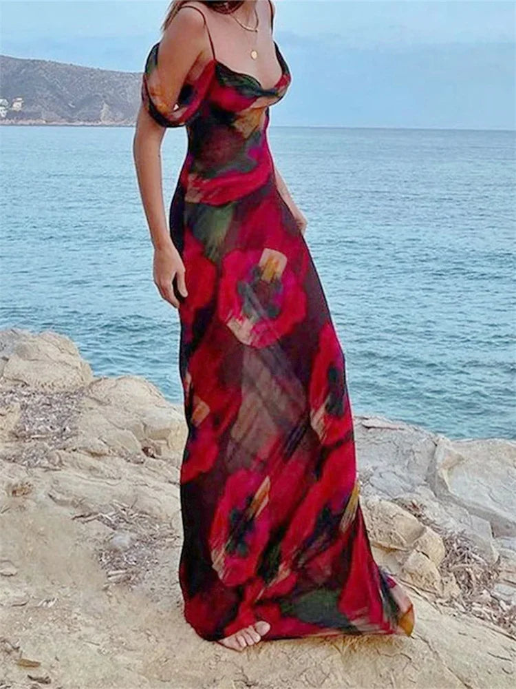 Floral Mesh Off Shoulder Draped Sleeve Bodycon Maxi Dress