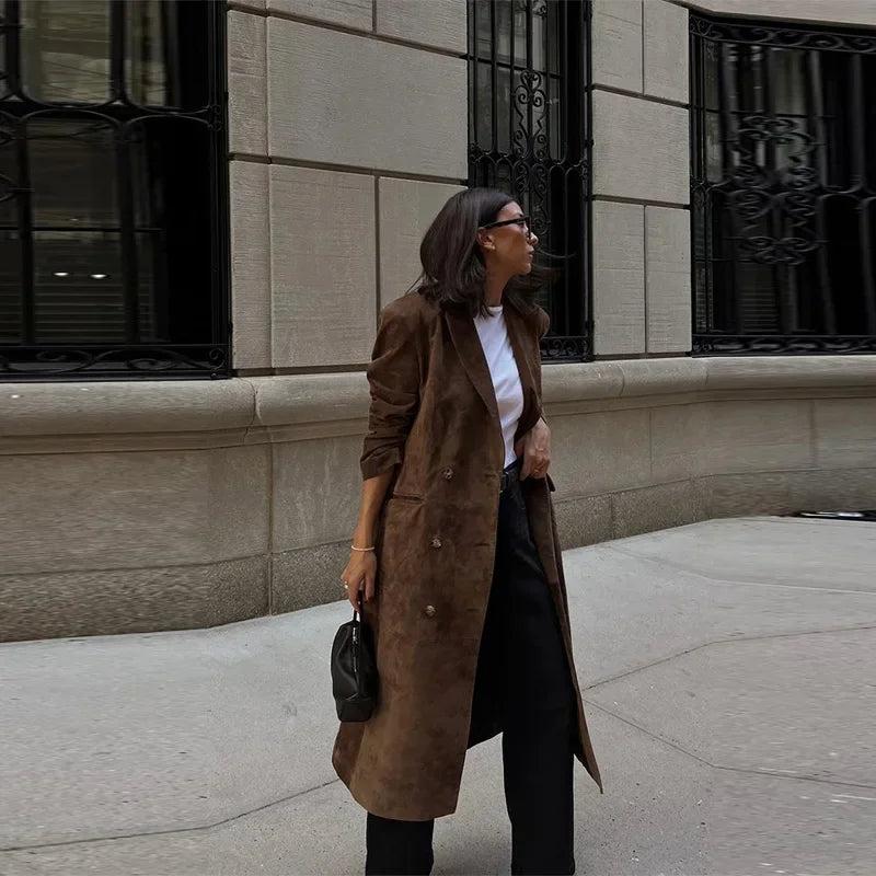 Casual Solid Long Women Streetwear Long Sleeve Turn-down Collar Double Breasted Female Coat 2025 Autumn Fashion Lady Jacket New