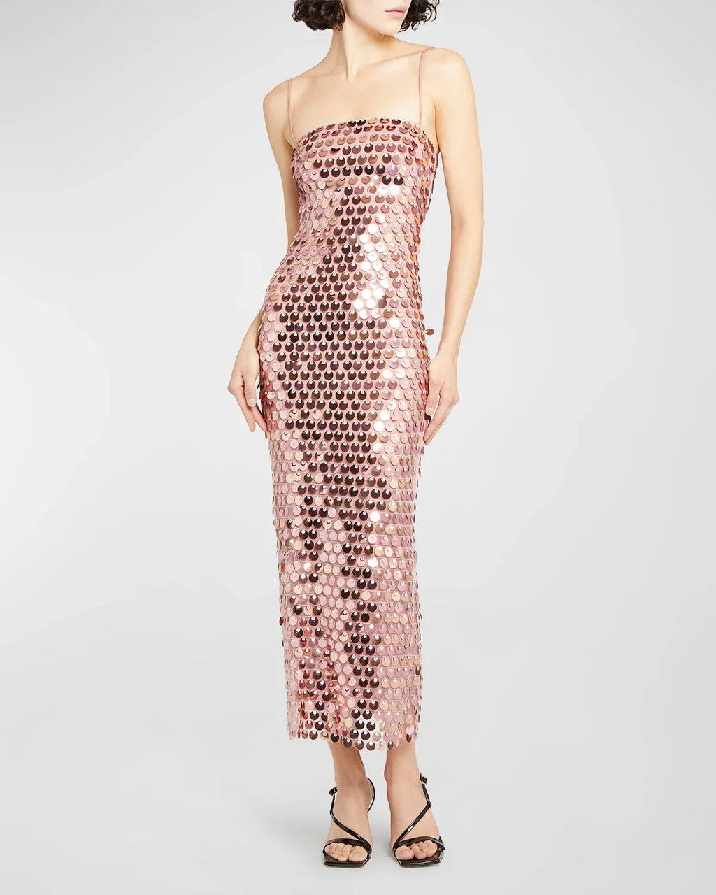 Large Sequin Disk Spaghetti Strap Square Neck Column Midi Dress