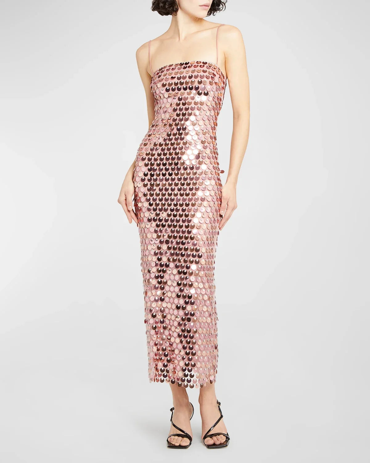 Large Sequin Disk Spaghetti Strap Square Neck Column Midi Dress