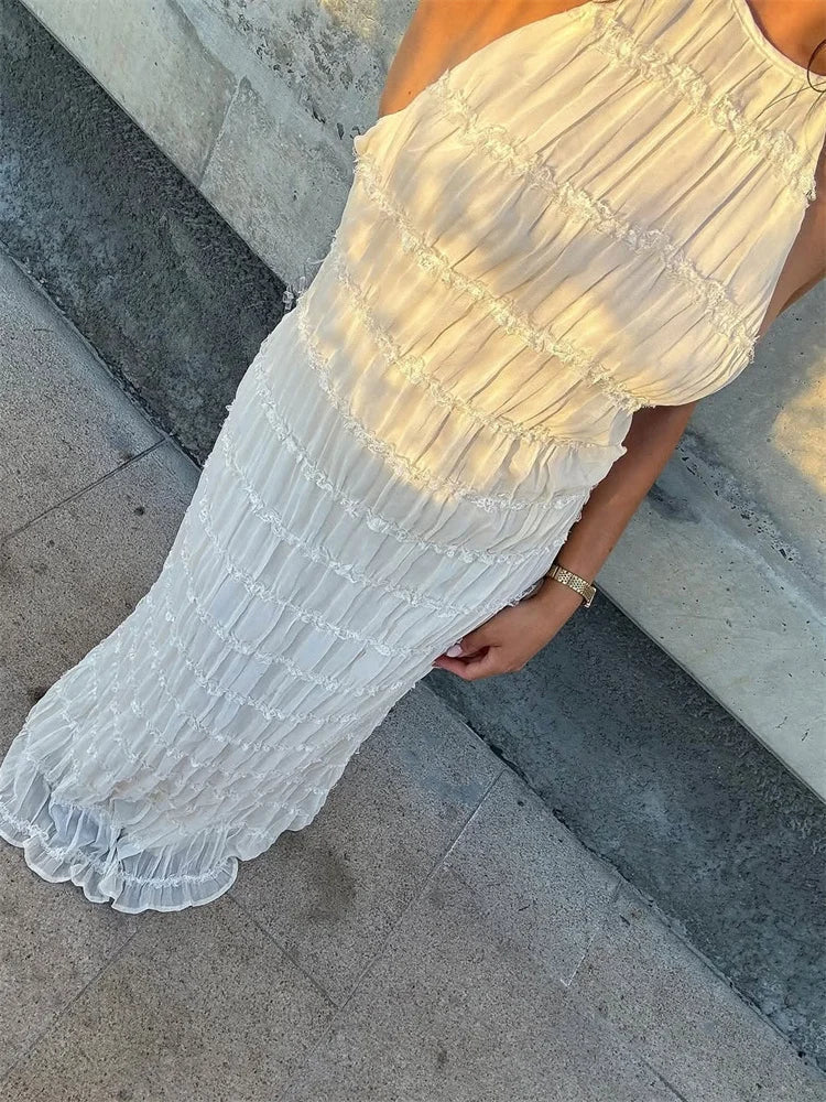 Plissé Halter Neck Tiered Lace Trim Bodycon Maxi Dress