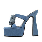 Denim CRYSTAL Flower Women Slippers with Summer Design and Peep Toe Square Heels