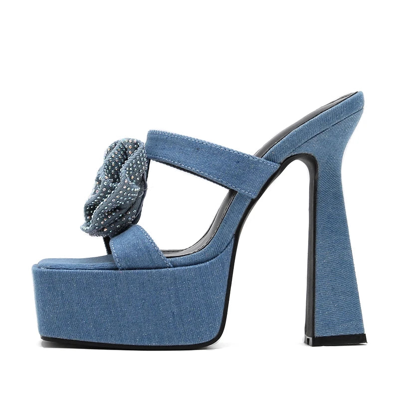 Denim CRYSTAL Flower Women Slippers with Summer Design and Peep Toe Square Heels
