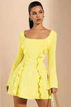 Lace-Up Backless Mini Dress with Patchwork and Flare Sleeves