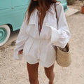 Cotton Linen Lace Up Pocket White Romper