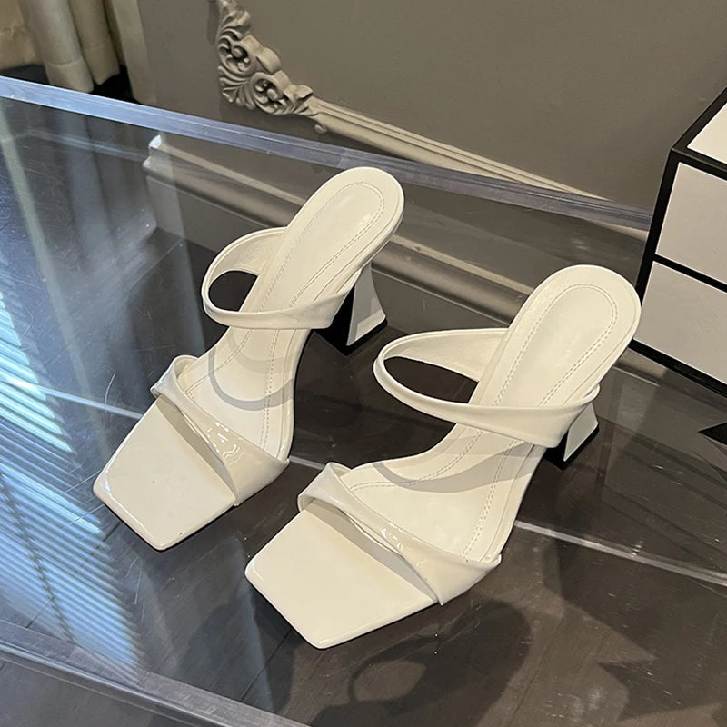 Square Toe High Heel Slippers with Elegant and Strange Design for Women
