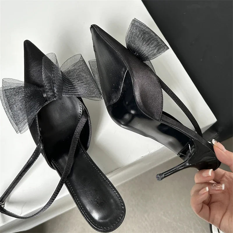 Mesh Butterfly-knot Woman Pumps with Pointed Toe and Thin High Heels