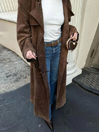 Fashion Solid With Belt Suede Long Jacket 2024 Women Chic Button Lapel Oversize Loose Overcoat Autumn Female High Street Coat