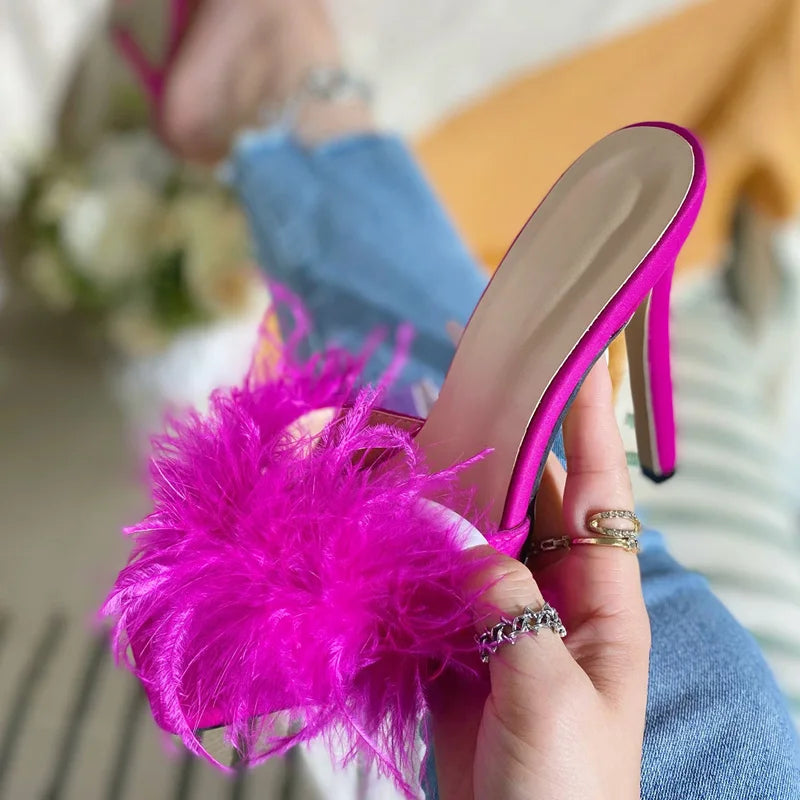 Fluffy Furry Women Slippers with Thin Heels for Summer Parties