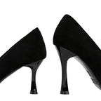 Black Suede Women Pumps with Pointed Toe and High Heels, Wine Glasses Design