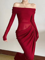 Off Shoulder Mesh Panel Waist Cutout Long Sleeve Maxi Dress