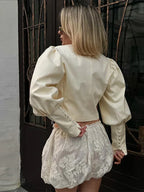 Retro Solid Stand Collar Short Shirt Women Elegant Single Breasted Puffy Sleeve Shirts Coat Lady Versatile Chic Streetwear