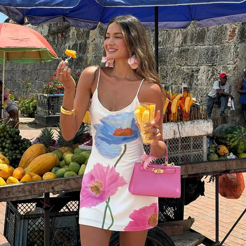 Floral Print Spaghetti Strap Scoop Neck Sleeveless Bodycon Mini Dress
