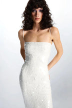 Large Sequin Disk Spaghetti Strap Square Neck Column Midi Dress