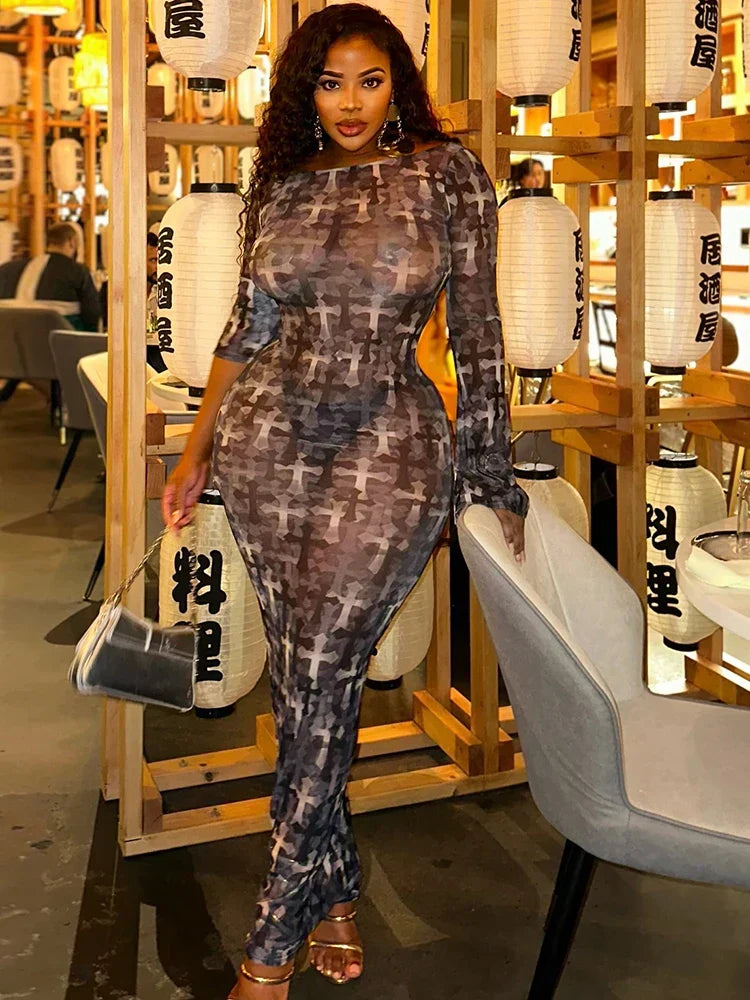 Sheer Mesh Cross Print Boat Neck Long Sleeve Bodycon Maxi Dress