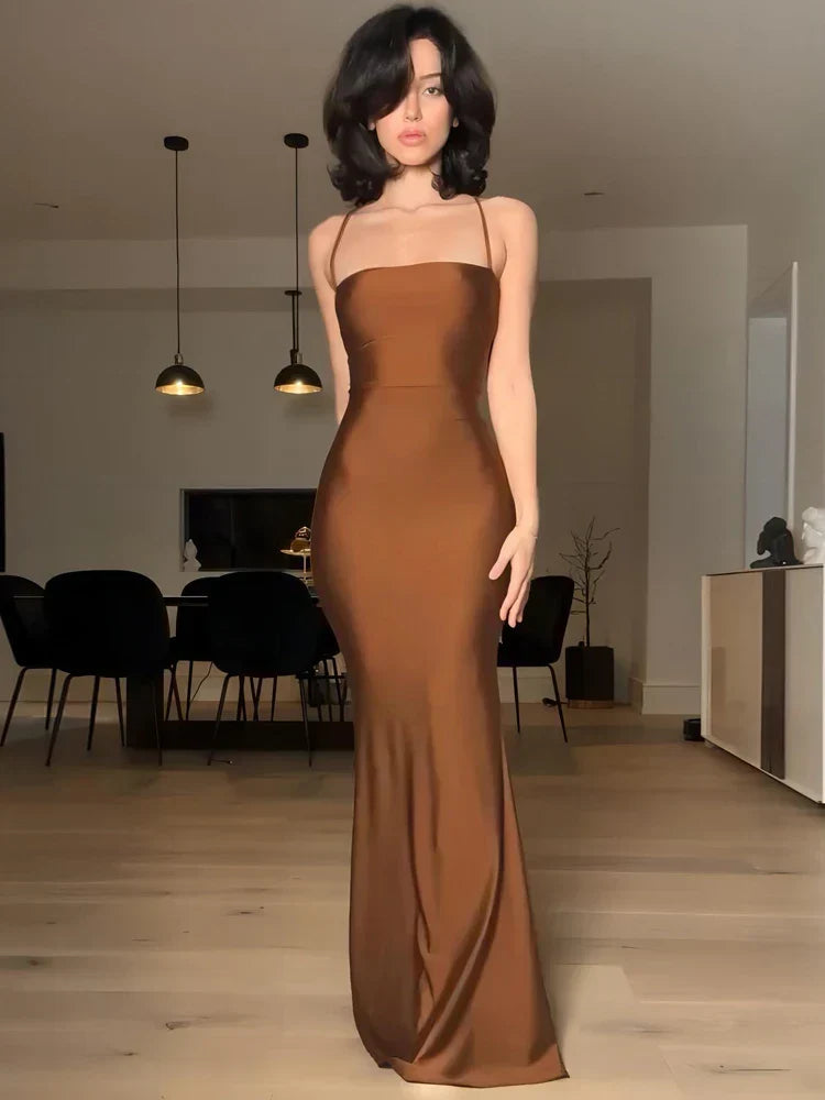 Satin Spaghetti Strap Square Neck Mermaid Bodycon Maxi Gown