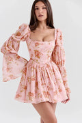 Printed Backless Mini Dress with Square Collar