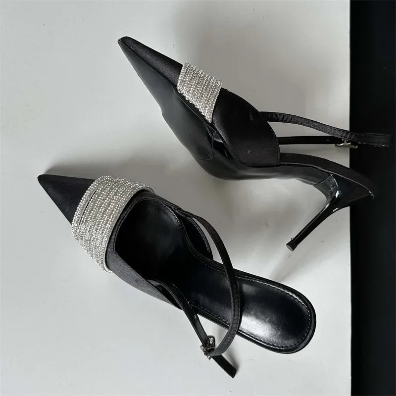 Crystal Rhinestone Silk Women Pumps with Slingbacks and Buckle Strap, Prom Thin Heels