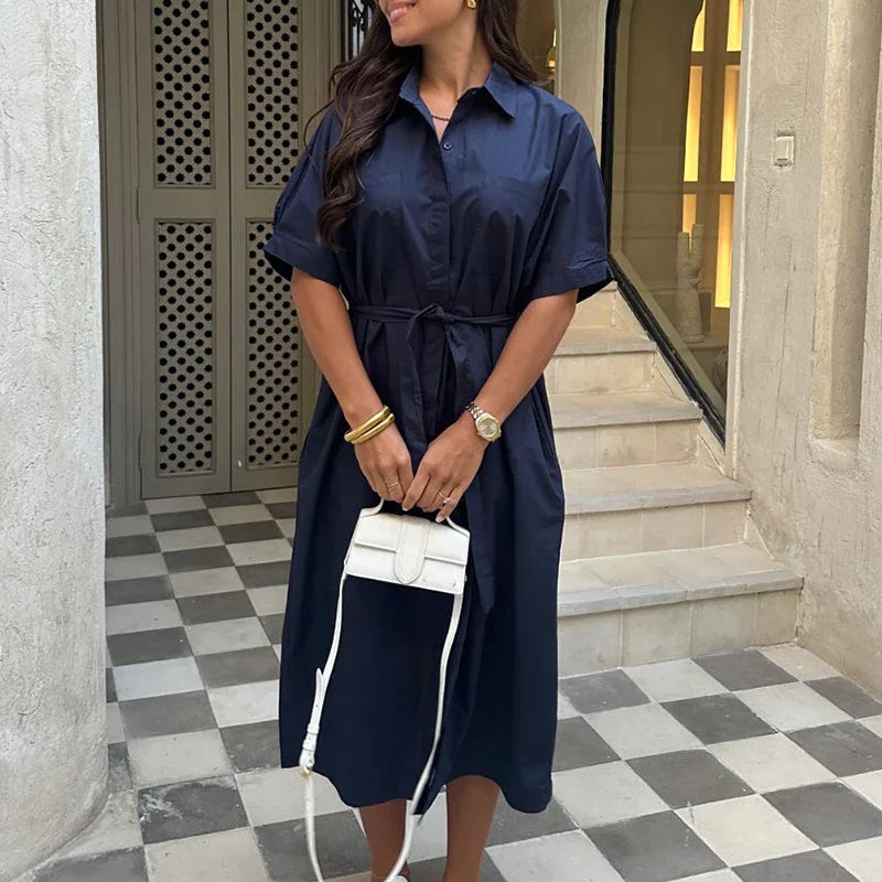 Lapel Tie Up Short Sleeve Single Breasted Long Work Dress