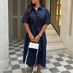 Lapel Tie Up Short Sleeve Single Breasted Long Work Dress