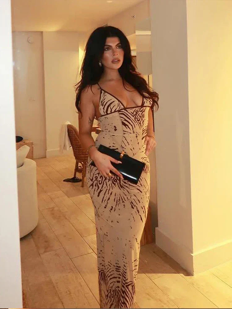 Abstract Stripe Print Deep V-Neck Spaghetti Strap Bodycon Maxi Dress
