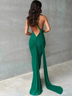 Halter Neck Open Back Draped Sash Ruched Ring Detail Maxi Dress