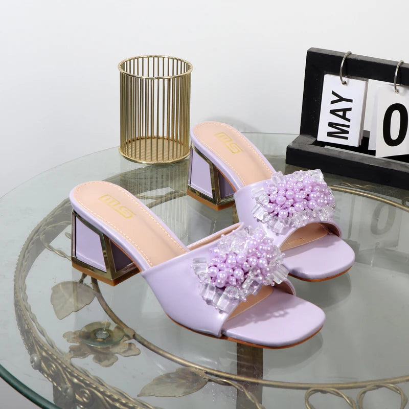Summer rhinestone beads high heel sandals for women