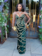 Velvet Strapless Beaded Floral Plunge Neck Mermaid Maxi Gown