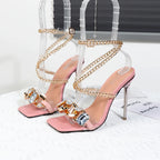 Plus Size Thin Heel High Heel Sandals with Metal Chain and Rhinestone Square Head
