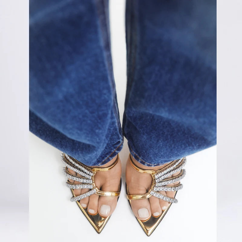 Golden Crystal Thin Heels Slipper for Women