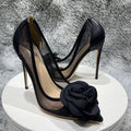 Black Stiletto Pumps with Big Rose Flowers
