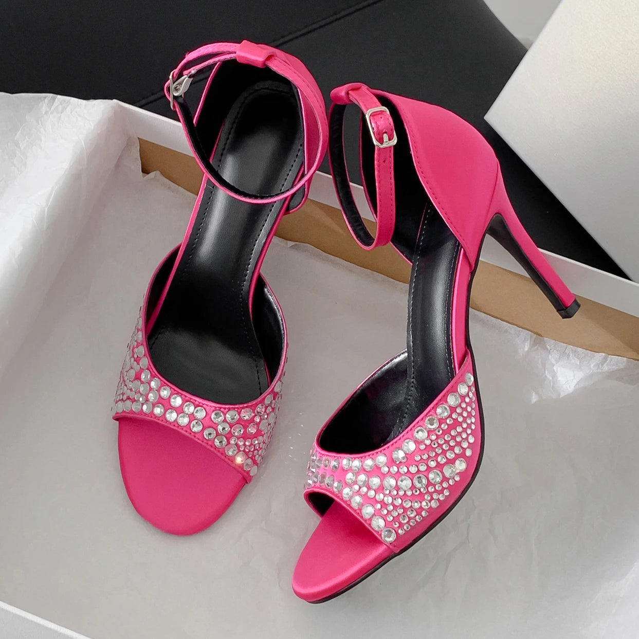 Crystal Silk Sandals Women Thin Heels for Summer Prom Party
