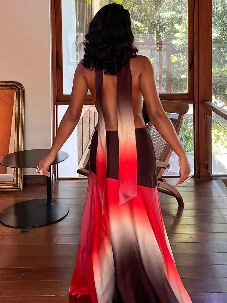 Halter Tie Neck Ombre Gradient Backless Draped Sash Maxi Dress