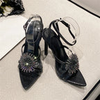 Crystal Flowers Pointed Toe Sandals with Ankle Buckle Strap and Thin High Heels for Prom